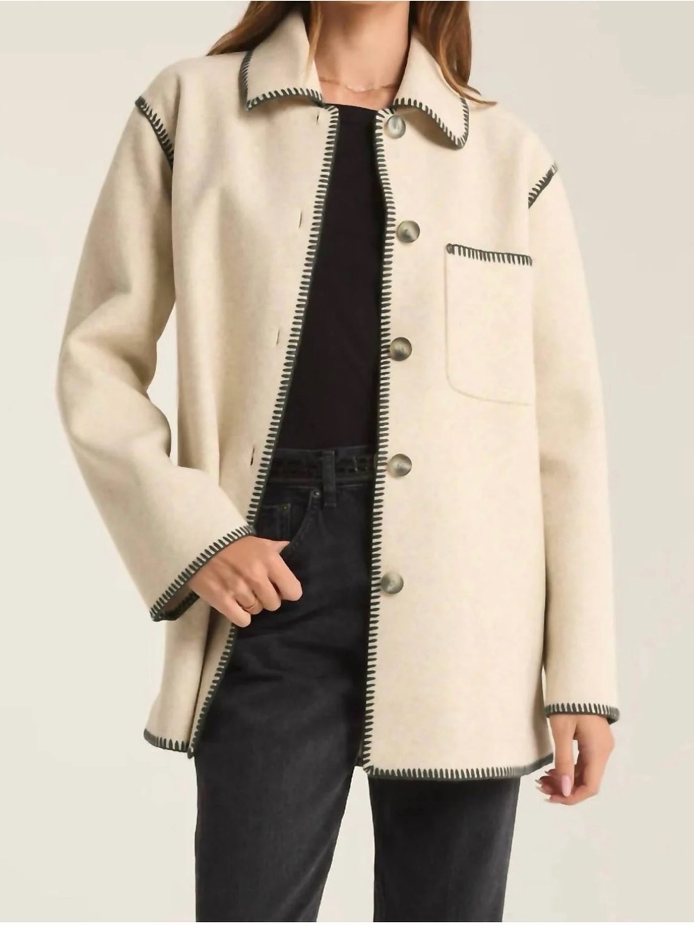 Z Supply Cream Utility Jacket with Black Whipstitch
